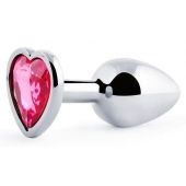 Серебристая анальная пробка с малиновым кристаллом-сердечком - 7 см. - Anal Jewelry Plug - купить с доставкой в Коломне