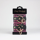 Черные кожаные наручники с розовой строчкой - Crazy Handmade - купить с доставкой в Коломне