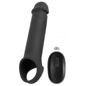 Черная вибронасадка для пениса с хомутом для мошонки и пультом ДУ Remote Controlled Penis Extension - Orion - в Коломне купить с доставкой