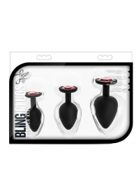 Набор черных анальных пробок с красным кристаллом-сердечком Bling Plugs Training Kit - Blush Novelties - купить с доставкой в Коломне