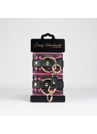 Черные кожаные наручники с розовой строчкой - Crazy Handmade - купить с доставкой в Коломне