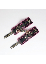 Черные кожаные наручники с розовой строчкой - Crazy Handmade - купить с доставкой в Коломне