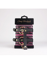 Черные кожаные оковы с розовой строчкой - Crazy Handmade - купить с доставкой в Коломне