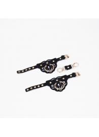 Черные кожаные наручники с клепками, кольцами и золотистой фурнитурой - Crazy Handmade - купить с доставкой в Коломне