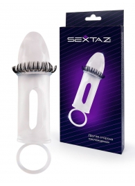 Закрытая насадка на пенис с подхватом мошонки и стимулирующими «ресничками» - Sextaz - в Коломне купить с доставкой