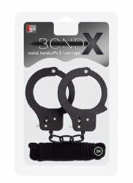 Чёрные наручники из листового металла в комплекте с веревкой BONDX METAL CUFFS LOVE ROPE SET - Dream Toys - купить с доставкой в Коломне