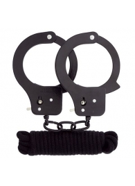 Чёрные наручники из листового металла в комплекте с веревкой BONDX METAL CUFFS LOVE ROPE SET - Dream Toys - купить с доставкой в Коломне