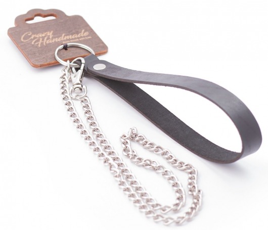 Серебристый металлический поводок с кожаной черной ручкой - 80 см. - Crazy Handmade - купить с доставкой в Коломне