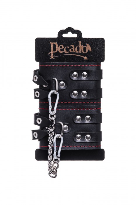 Черные кожаные оковы с двумя ремнями и контрастной строчкой - Pecado - купить с доставкой в Коломне