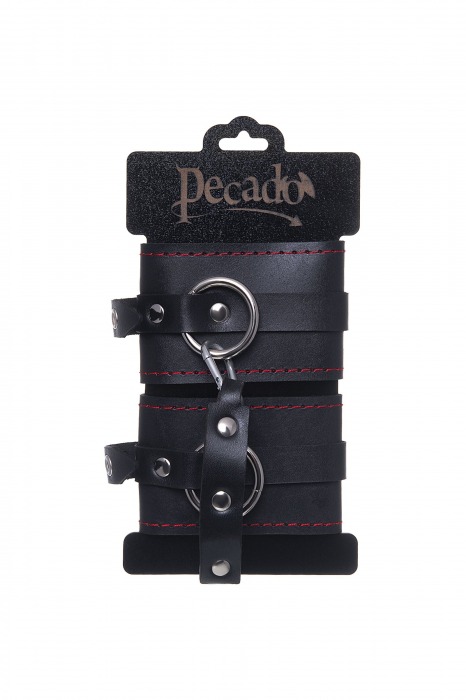 Черные кожаные однослойные оковы с контрастной строчкой - Pecado - купить с доставкой в Коломне