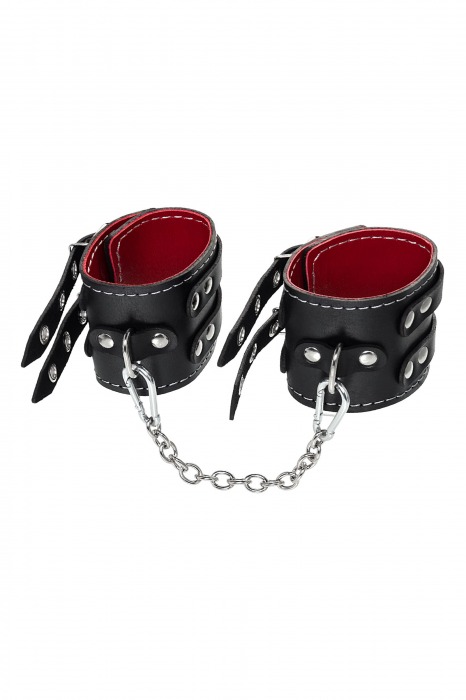 Черные кожаные оковы с двумя ремнями и красной подкладкой - Pecado - купить с доставкой в Коломне