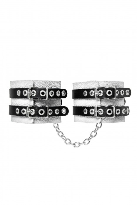 Бело-черные оковы с двумя ремешками и люверсами - Pecado - купить с доставкой в Коломне