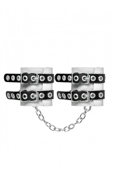 Бело-черные наручники с двумя ремешками и люверсами - Pecado - купить с доставкой в Коломне