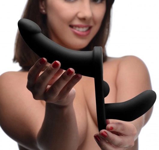 Черный вибрострапон Double Take 10X Double Penetration Vibrating Strap-on Harness - XR Brands - купить с доставкой в Коломне