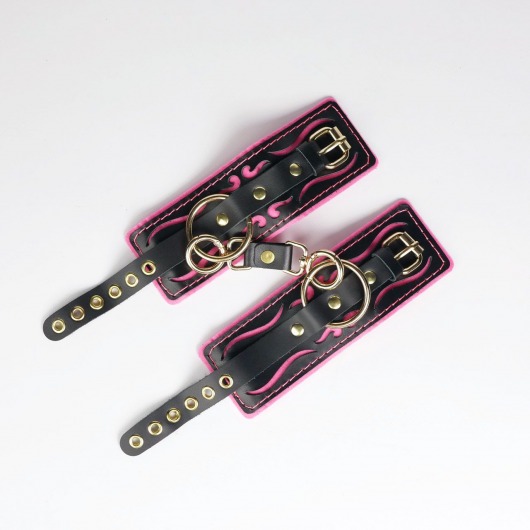 Черные кожаные наручники с розовой строчкой - Crazy Handmade - купить с доставкой в Коломне