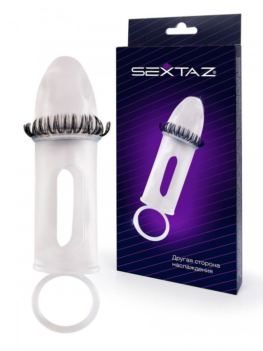 Закрытая насадка на пенис с подхватом мошонки и стимулирующими «ресничками» - Sextaz - в Коломне купить с доставкой