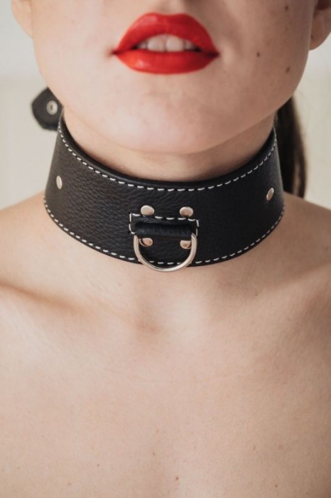 Черный кожаный ошейник с петлёй для поводка - БДСМ Арсенал - купить с доставкой в Коломне